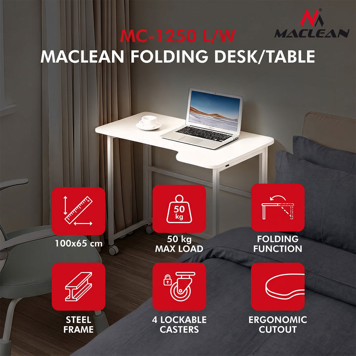 Scrivania pieghevole Maclean, bianca, mobile, 100x65 cm, max. 50 kg, angolare, a forma di L, MC-1250 L/W