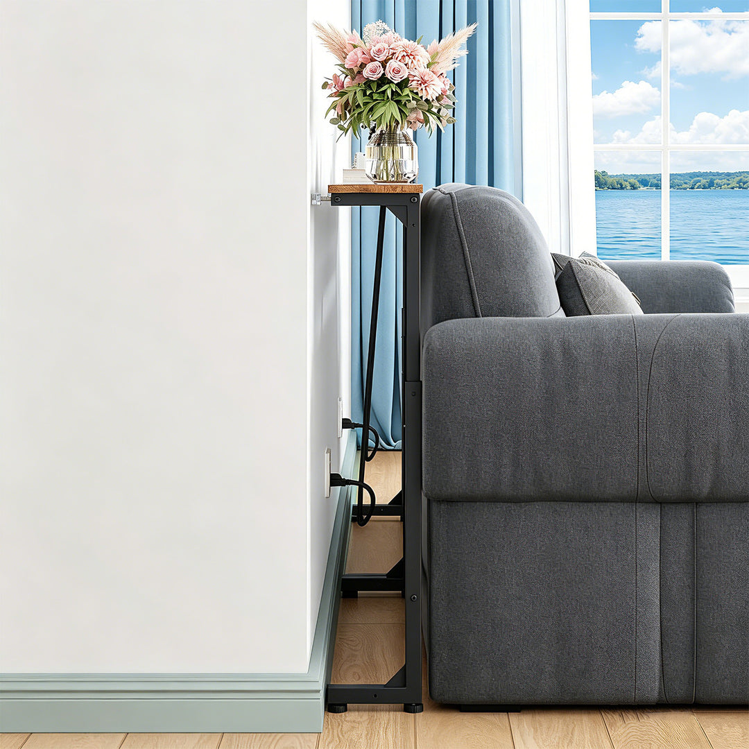 Console / tavolino con presa di ricarica Maclean, nero con piano rustico, regolazione in altezza 62-83 cm, max 25 kg, cavo da 2,5 m, MC-140 B