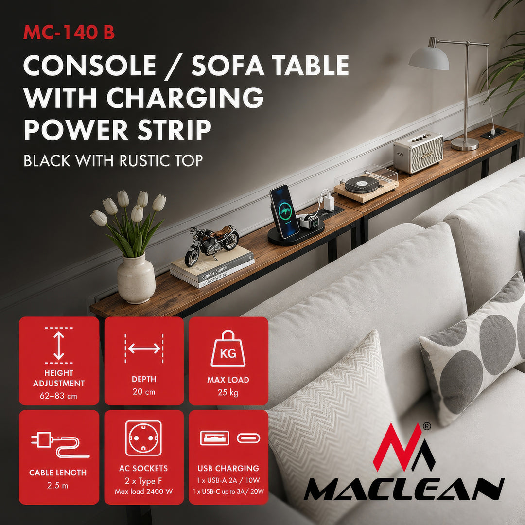 Console / tavolino con presa di ricarica Maclean, nero con piano rustico, regolazione in altezza 62-83 cm, max 25 kg, cavo da 2,5 m, MC-140 B