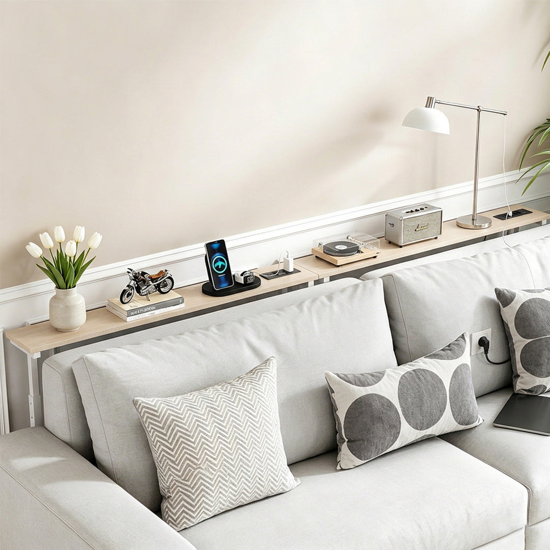 Console / tavolino con presa di ricarica Maclean, bianco con piano chiaro, regolazione in altezza 62-83 cm, max 25 kg, cavo da 2,5 m, MC-140 W
