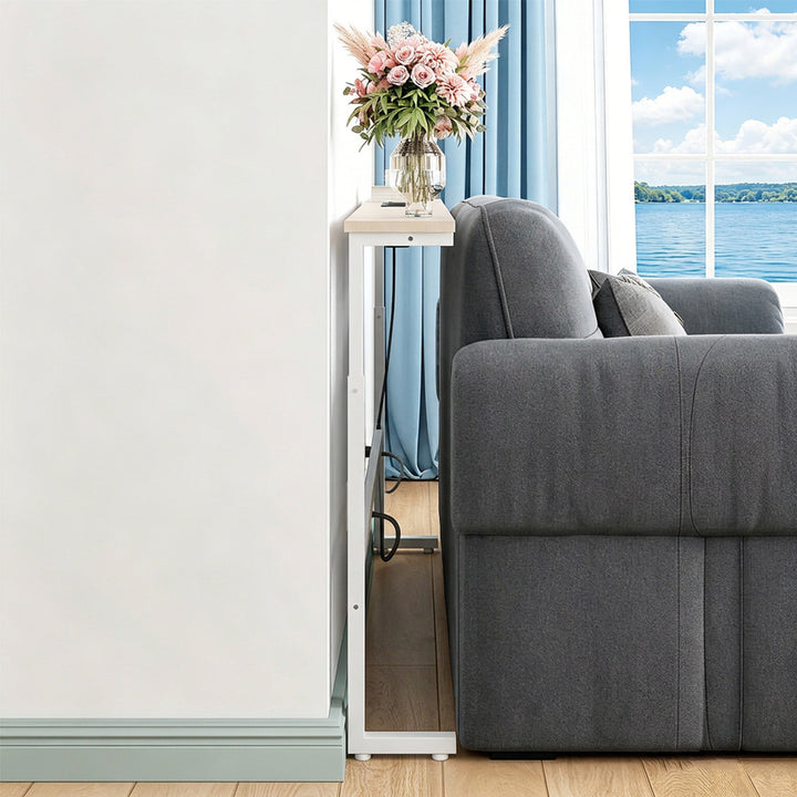 Console / tavolino con presa di ricarica Maclean, bianco con piano chiaro, regolazione in altezza 62-83 cm, max 25 kg, cavo da 2,5 m, MC-140 W