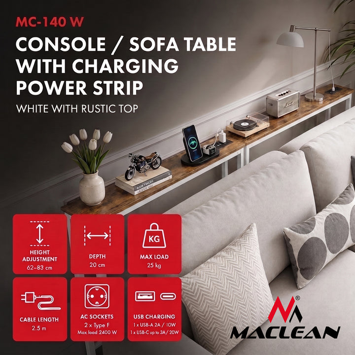 Console / tavolino con presa di ricarica Maclean, bianco con piano chiaro, regolazione in altezza 62-83 cm, max 25 kg, cavo da 2,5 m, MC-140 W
