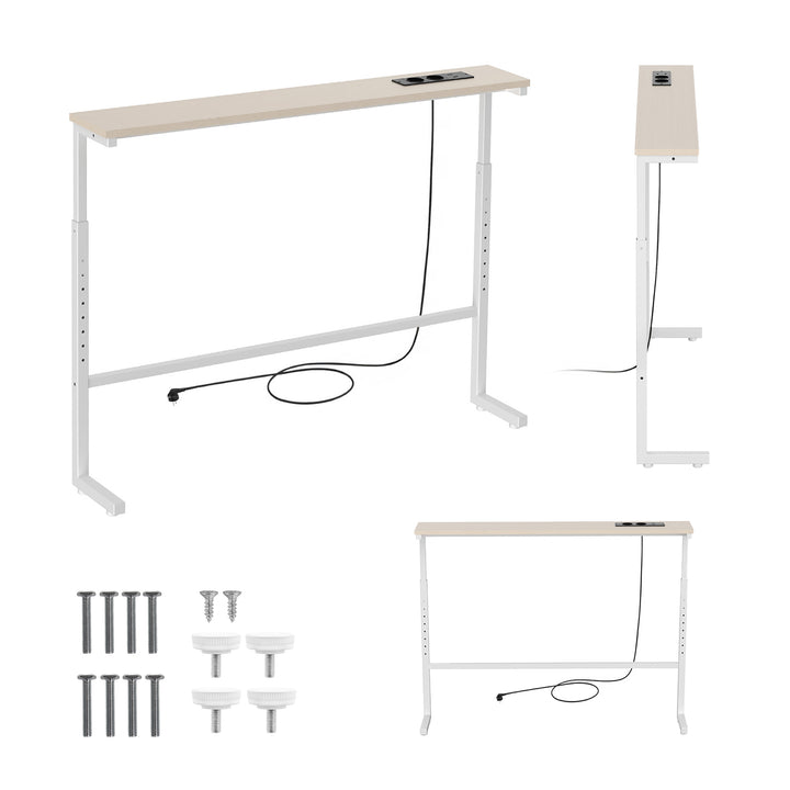 Console / tavolino con presa di ricarica Maclean, bianco con piano chiaro, regolazione in altezza 62-83 cm, max 25 kg, cavo da 2,5 m, MC-140 W