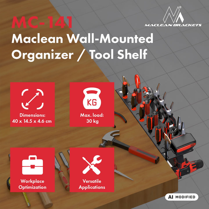 Organizer da parete / ripiano per attrezzi Maclean, nero, dimensioni 40x14,5x4,6 cm, max. 30 kg, MC-141