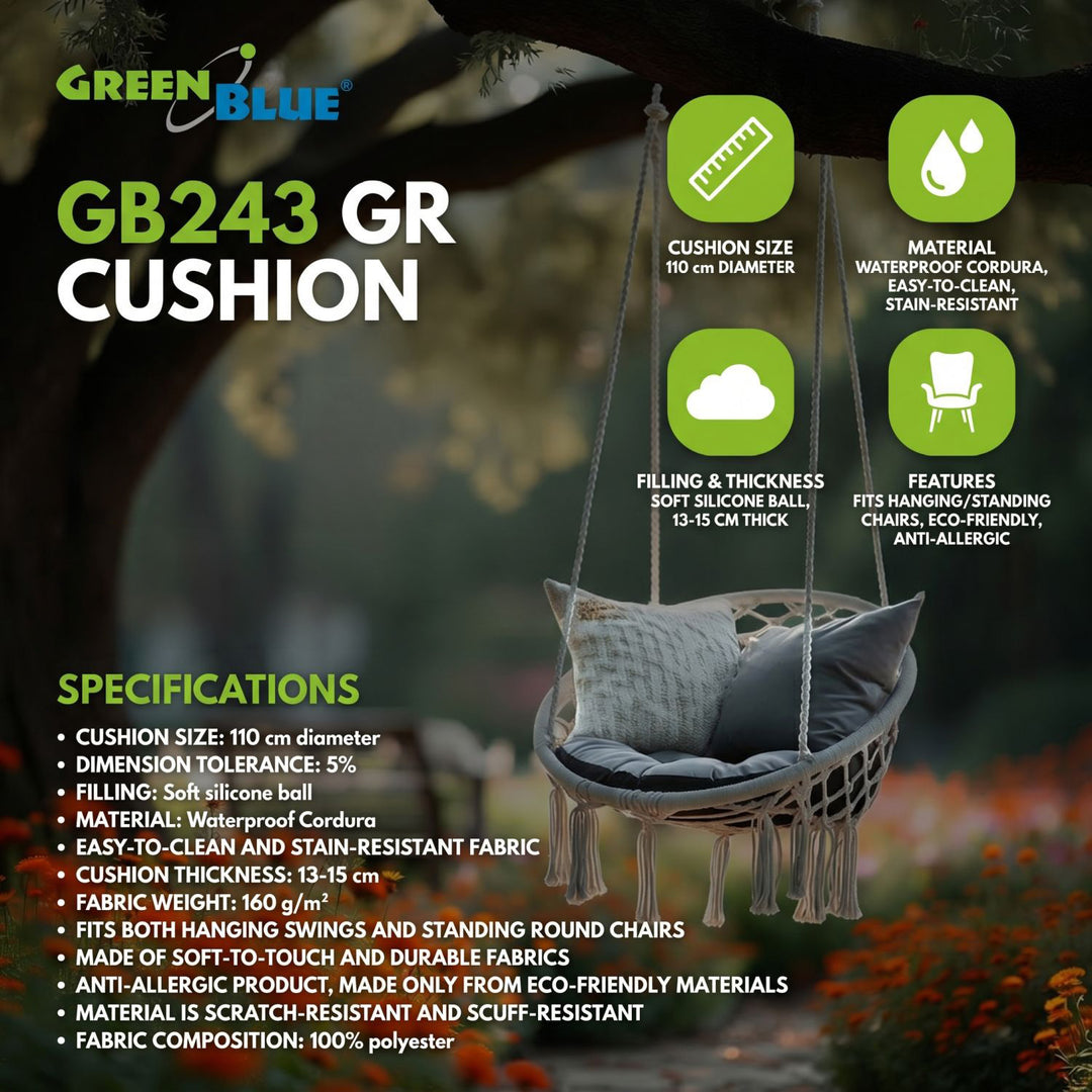 Cuscino GreenBlue, grigio, da giardino, a nido di cicogna, 110 cm, GB243 GR