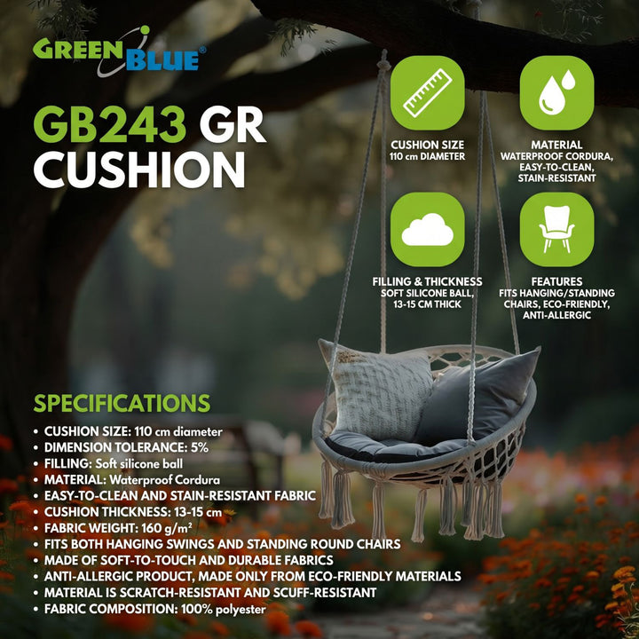 Cuscino GreenBlue, grigio, da giardino, a nido di cicogna, 110 cm, GB243 GR