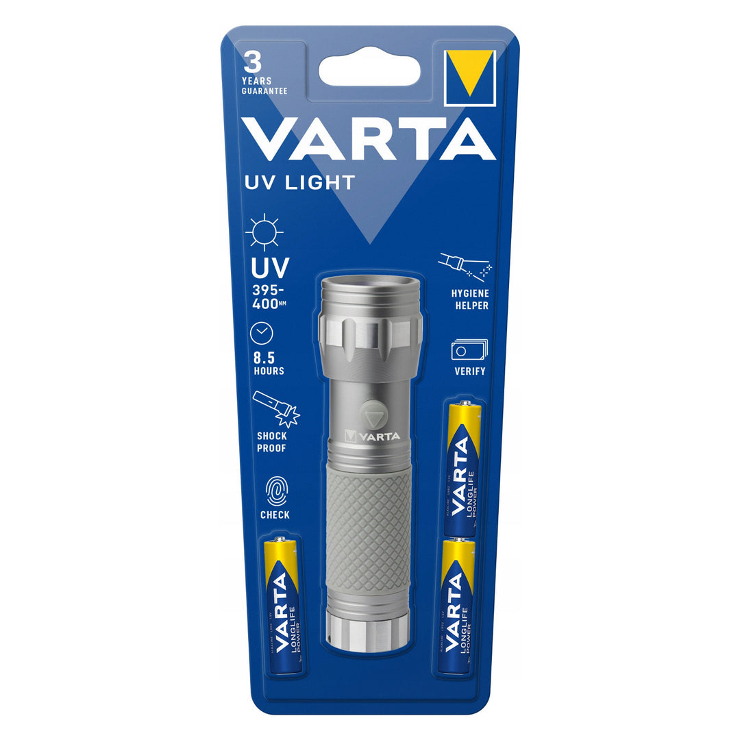 Torcia portatile UV a LED 15638 in alluminio, lunghezza d'onda UV 395-400 nm, tecnologia Multi LED + batterie Varta incluse