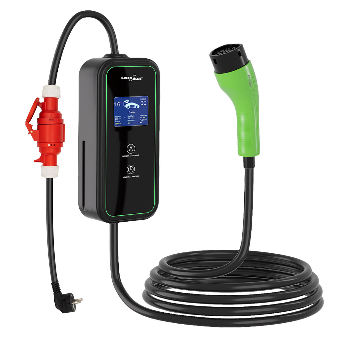Caricabatterie per veicoli elettrici (EV) / ibridi plug-in (PHEV) GreenBlue, portatile, tipo 2, lunghezza cavo 6,8 m, IP65, 11 kW, 220-380 V CA 50/60 Hz, 16 A, trifase, GB1100