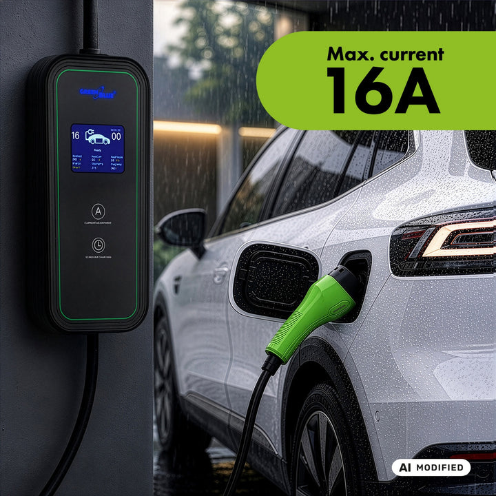 Caricabatterie per veicoli elettrici (EV) / ibridi plug-in (PHEV) GreenBlue, portatile, tipo 2, lunghezza cavo 6,8 m, IP65, 11 kW, 220-380 V CA 50/60 Hz, 16 A, trifase, GB1100