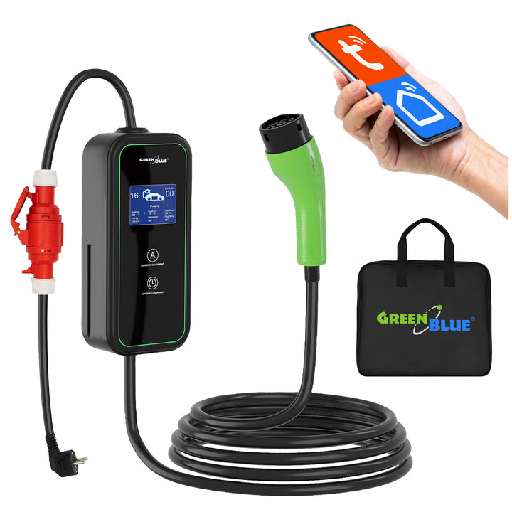 Caricabatterie per veicoli elettrici (EV) / ibridi plug-in (PHEV) GreenBlue, portatile, tipo 2, lunghezza cavo 6,8 m, IP65, 11 kW, 220-380 V CA 50/60 Hz, 16 A, trifase, GB1100