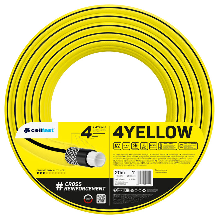 Tubo da giardino Cellfast, a 4 strati, resistente ai raggi UV, diametro 1", lunghezza 20 m, 4YELLOW