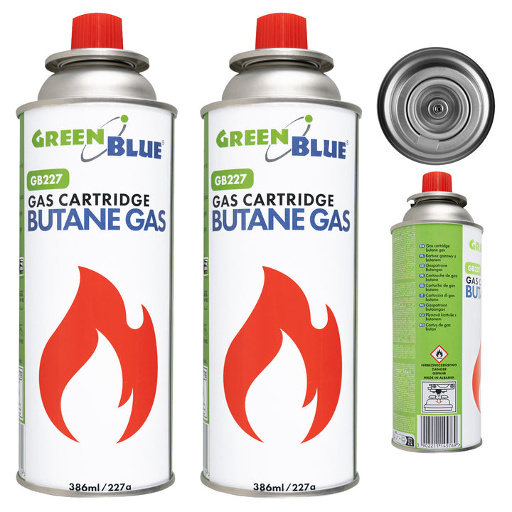 2 bombolette di gas da 227 g GreenBlue. Certificato: Pi 0875, conforme alla norma EN 417, butano, intervallo di temperatura di funzionamento da -10 °C a +40 °C, GB227