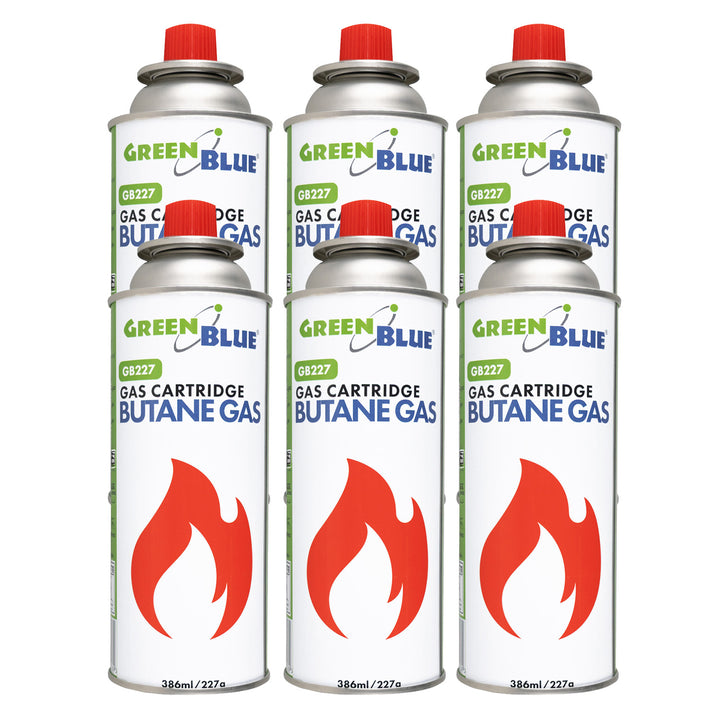 6 bombolette di gas da 227 g GreenBlue. Certificato: Pi 0875, conforme alla norma EN417, butano, intervallo di funzionamento da -10 °C a +40 °C, GB227