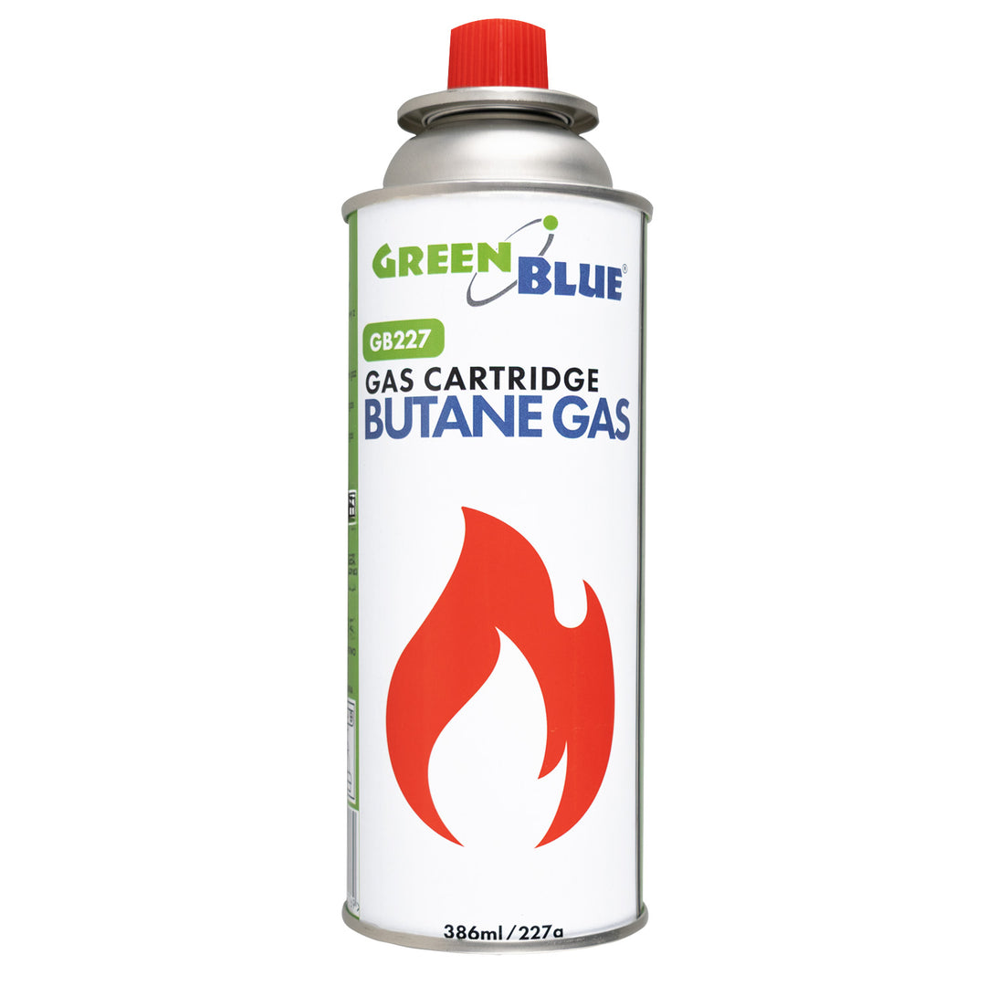 8 bombolette di gas da 227 g GreenBlue. Certificato: Pi 0875, conforme alla norma EN 417, butano, intervallo di funzionamento da -10 °C a +40 °C, GB227