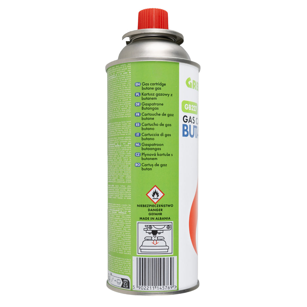 8 bombolette di gas da 227 g GreenBlue. Certificato: Pi 0875, conforme alla norma EN 417, butano, intervallo di funzionamento da -10 °C a +40 °C, GB227