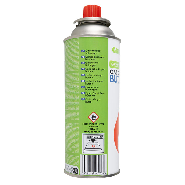 8 bombolette di gas da 227 g GreenBlue. Certificato: Pi 0875, conforme alla norma EN 417, butano, intervallo di funzionamento da -10 °C a +40 °C, GB227