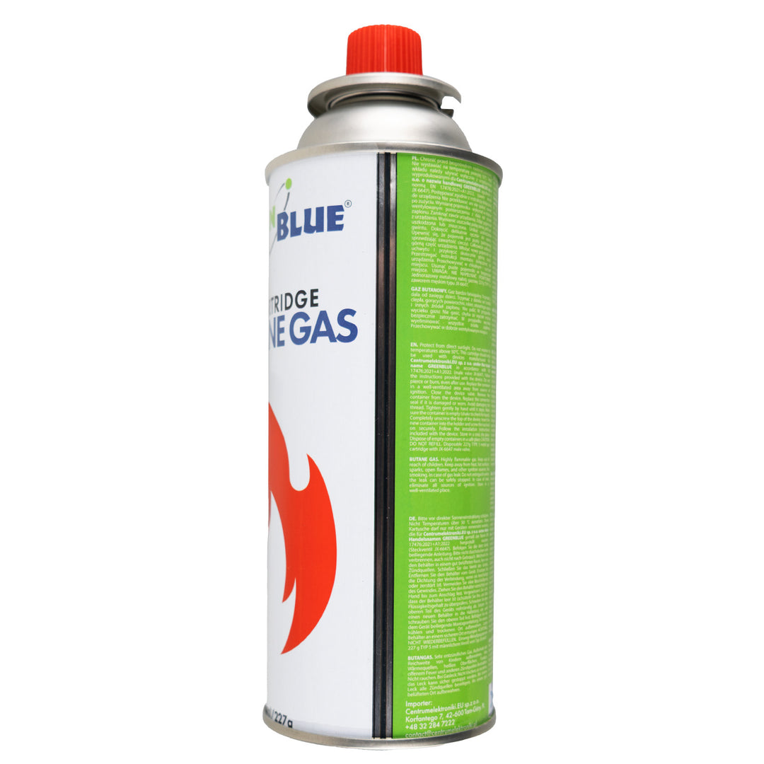 8 bombolette di gas da 227 g GreenBlue. Certificato: Pi 0875, conforme alla norma EN 417, butano, intervallo di funzionamento da -10 °C a +40 °C, GB227