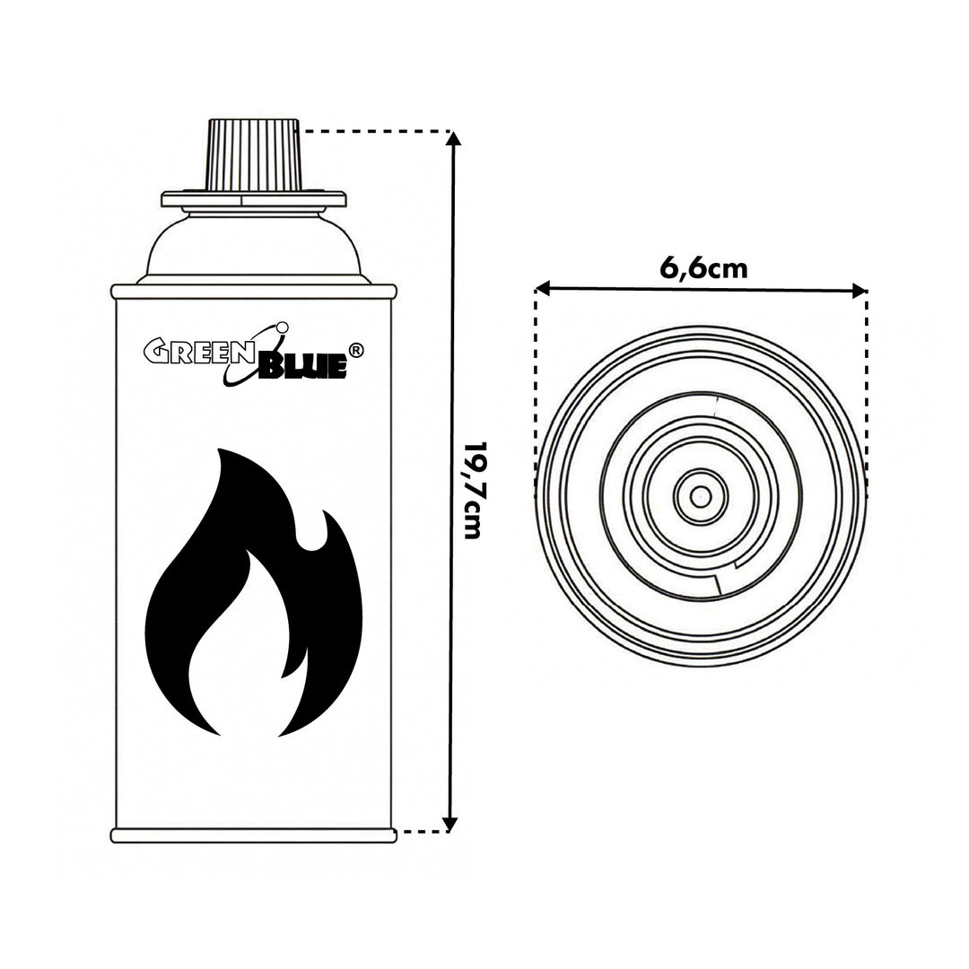 8 bombolette di gas da 227 g GreenBlue. Certificato: Pi 0875, conforme alla norma EN 417, butano, intervallo di funzionamento da -10 °C a +40 °C, GB227