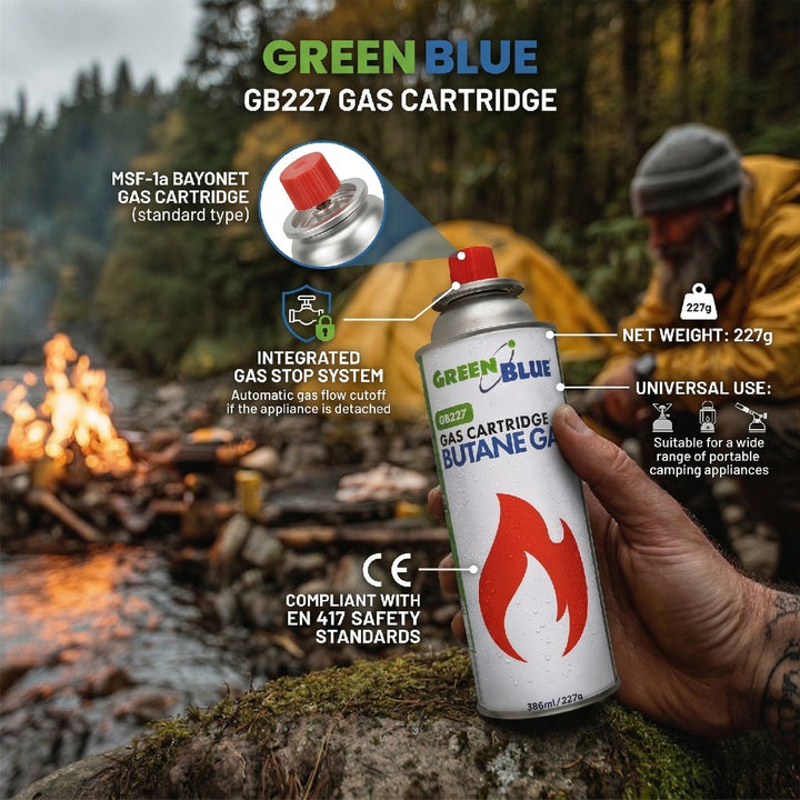 8 bombolette di gas da 227 g GreenBlue. Certificato: Pi 0875, conforme alla norma EN 417, butano, intervallo di funzionamento da -10 °C a +40 °C, GB227