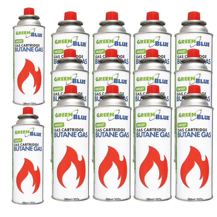 14 bombolette di gas da 227 g GreenBlue. Certificato: Pi 0875, conforme alla norma EN417, butano, intervallo di funzionamento da -10 °C a +40 °C, GB227