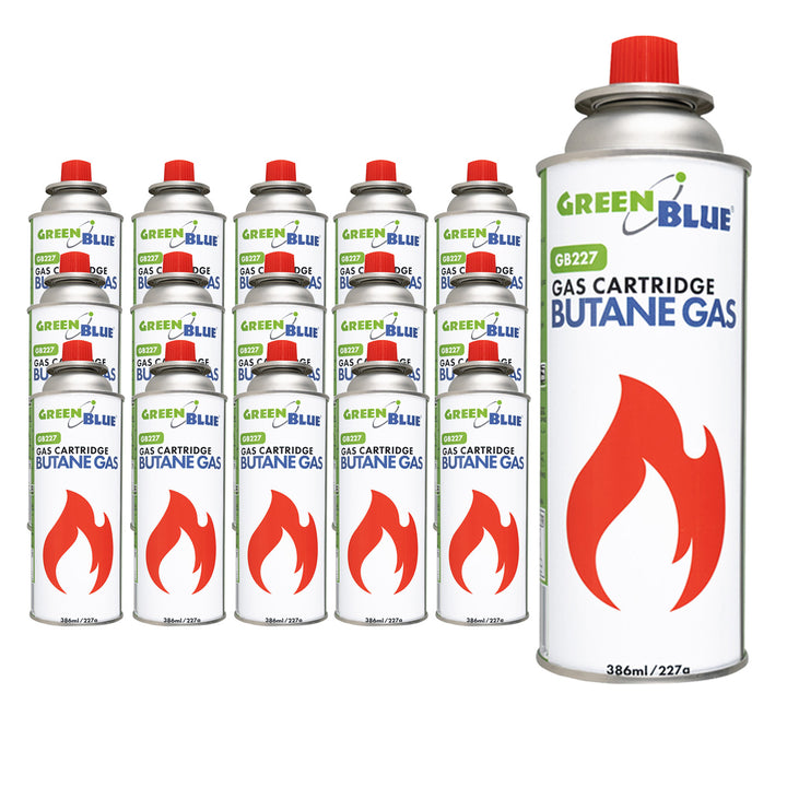 16 bombolette di gas da 227 g GreenBlue. Certificato: Pi 0875, conforme alla norma EN417, butano, intervallo di funzionamento da -10 °C a +40 °C, GB227