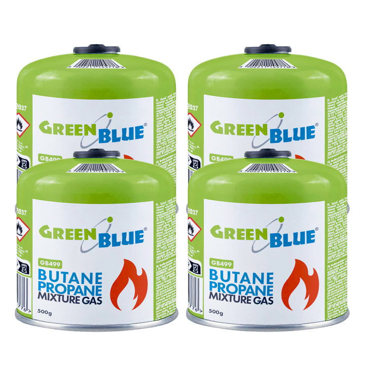 4 bombolette di gas da 500 g GreenBlue. Certificato: Pi 0437, conforme alla norma EN 417, butano-propano, intervallo di temperatura da -10 °C a +40 °C, valvola filettata da 7/16'' GB499