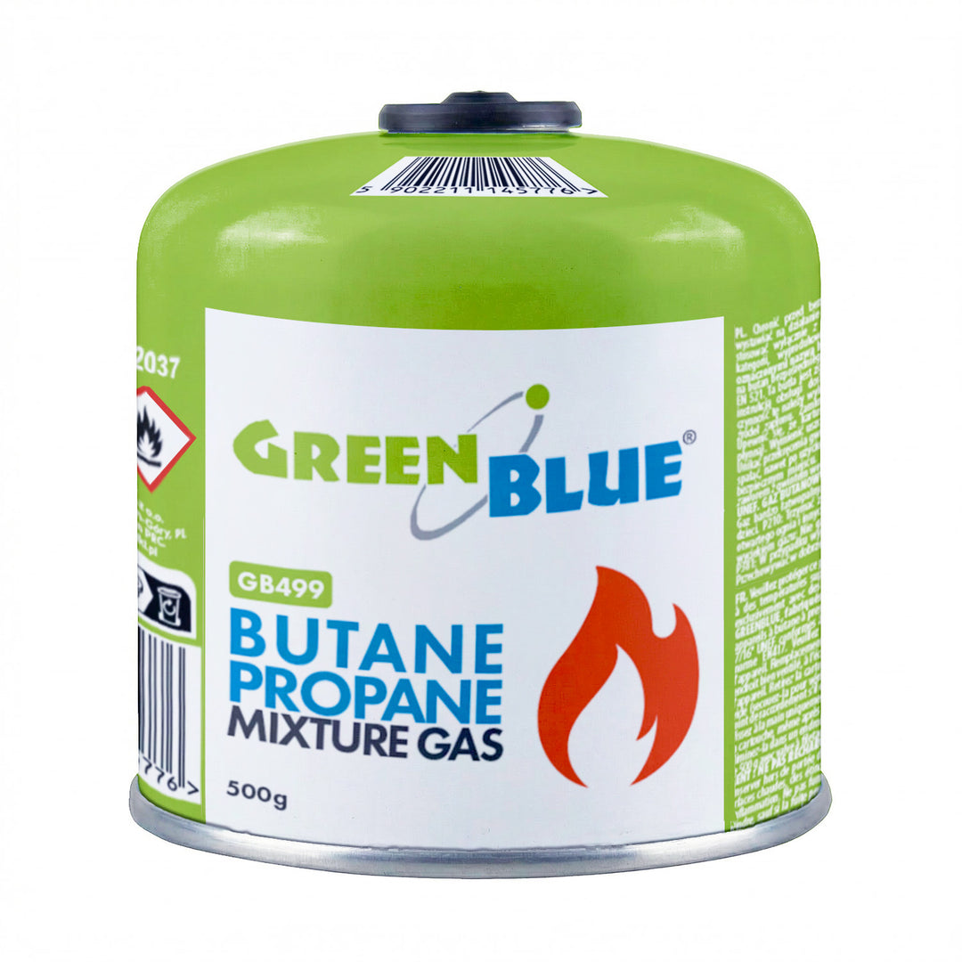 6 bombole di gas da 500 g GreenBlue. Certificato: Pi 0437, conforme alla norma EN 417, butano-propano, intervallo di temperatura da -10 °C a +40 °C, valvola filettata 7/16'' GB499