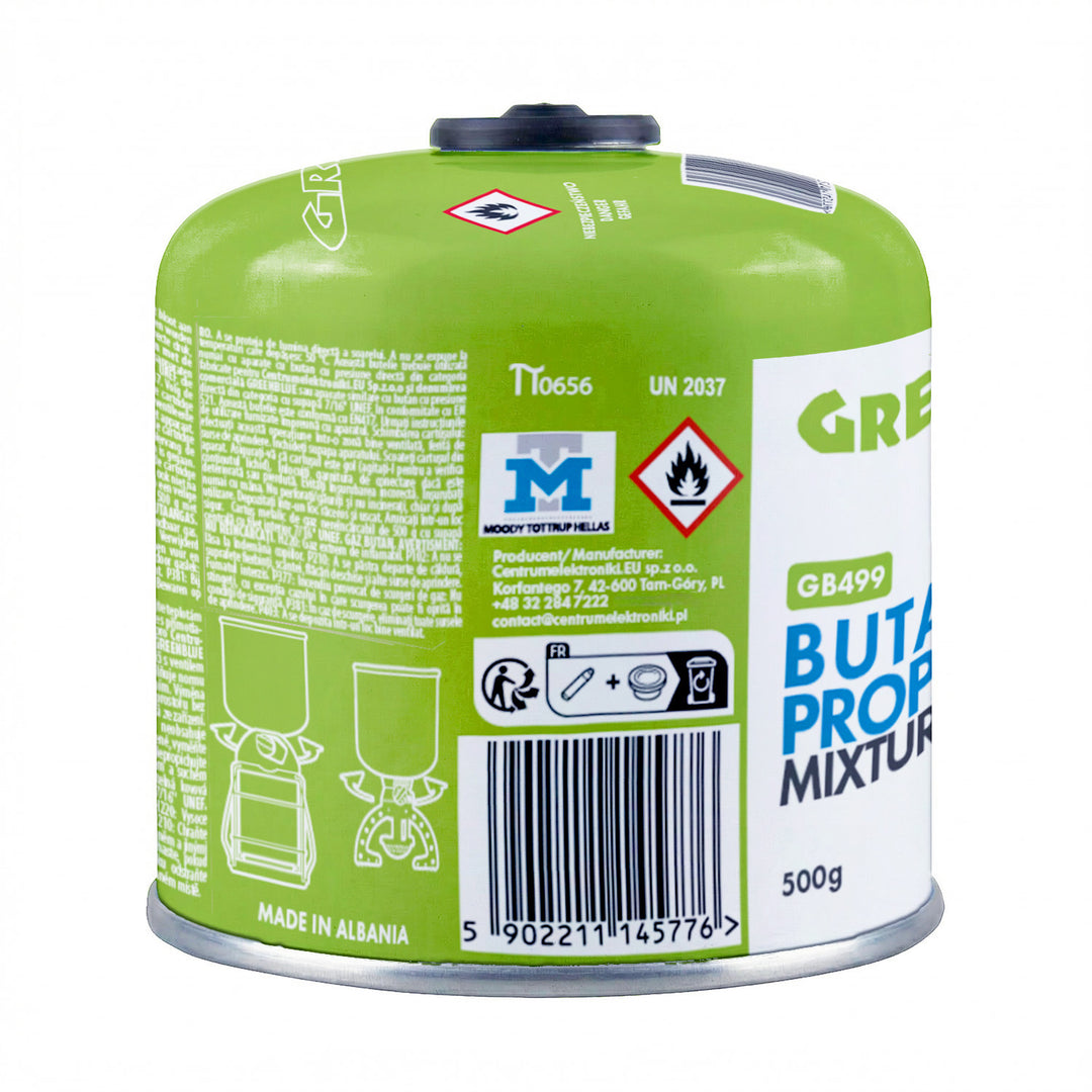 6 bombole di gas da 500 g GreenBlue. Certificato: Pi 0437, conforme alla norma EN 417, butano-propano, intervallo di temperatura da -10 °C a +40 °C, valvola filettata 7/16'' GB499