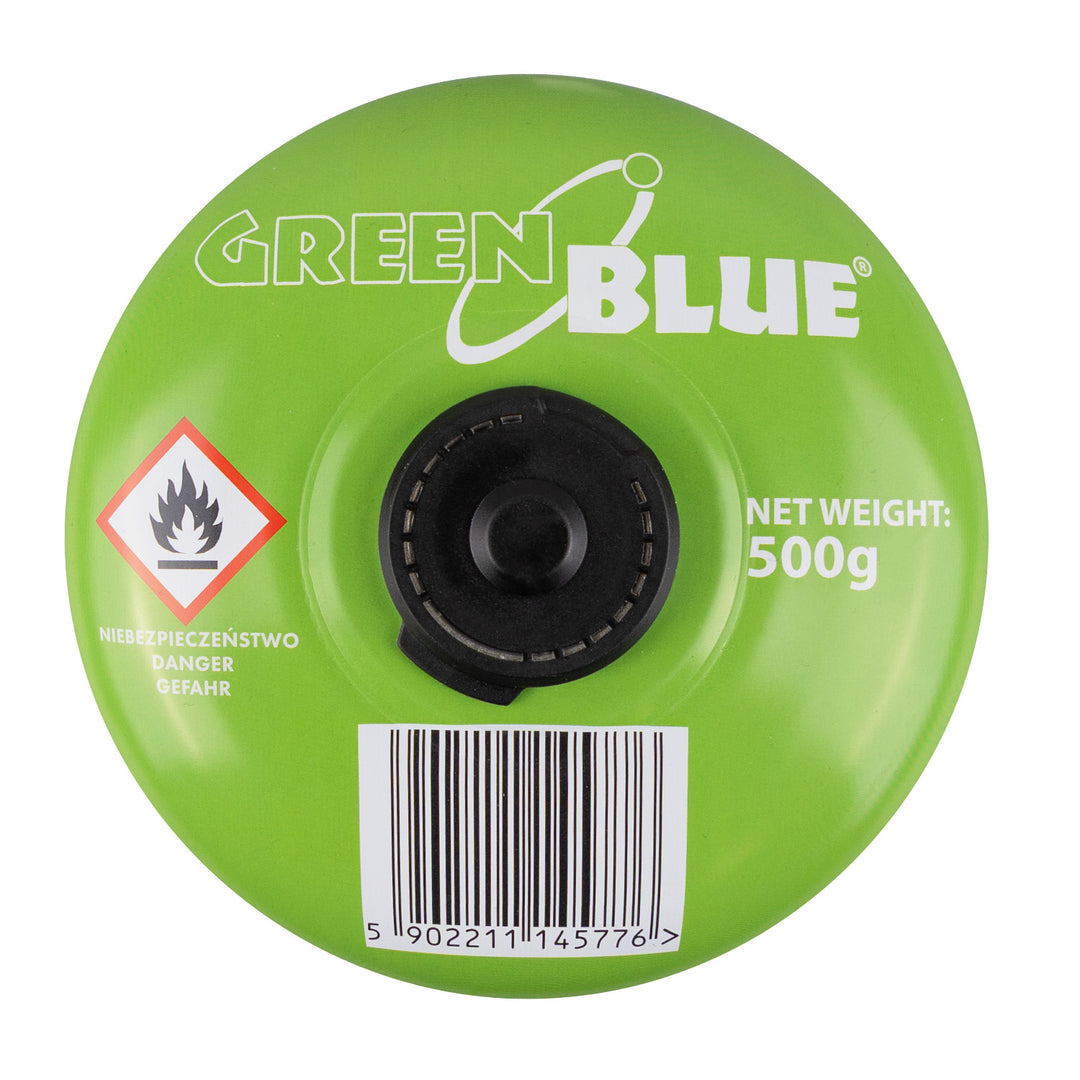 6 bombole di gas da 500 g GreenBlue. Certificato: Pi 0437, conforme alla norma EN 417, butano-propano, intervallo di temperatura da -10 °C a +40 °C, valvola filettata 7/16'' GB499