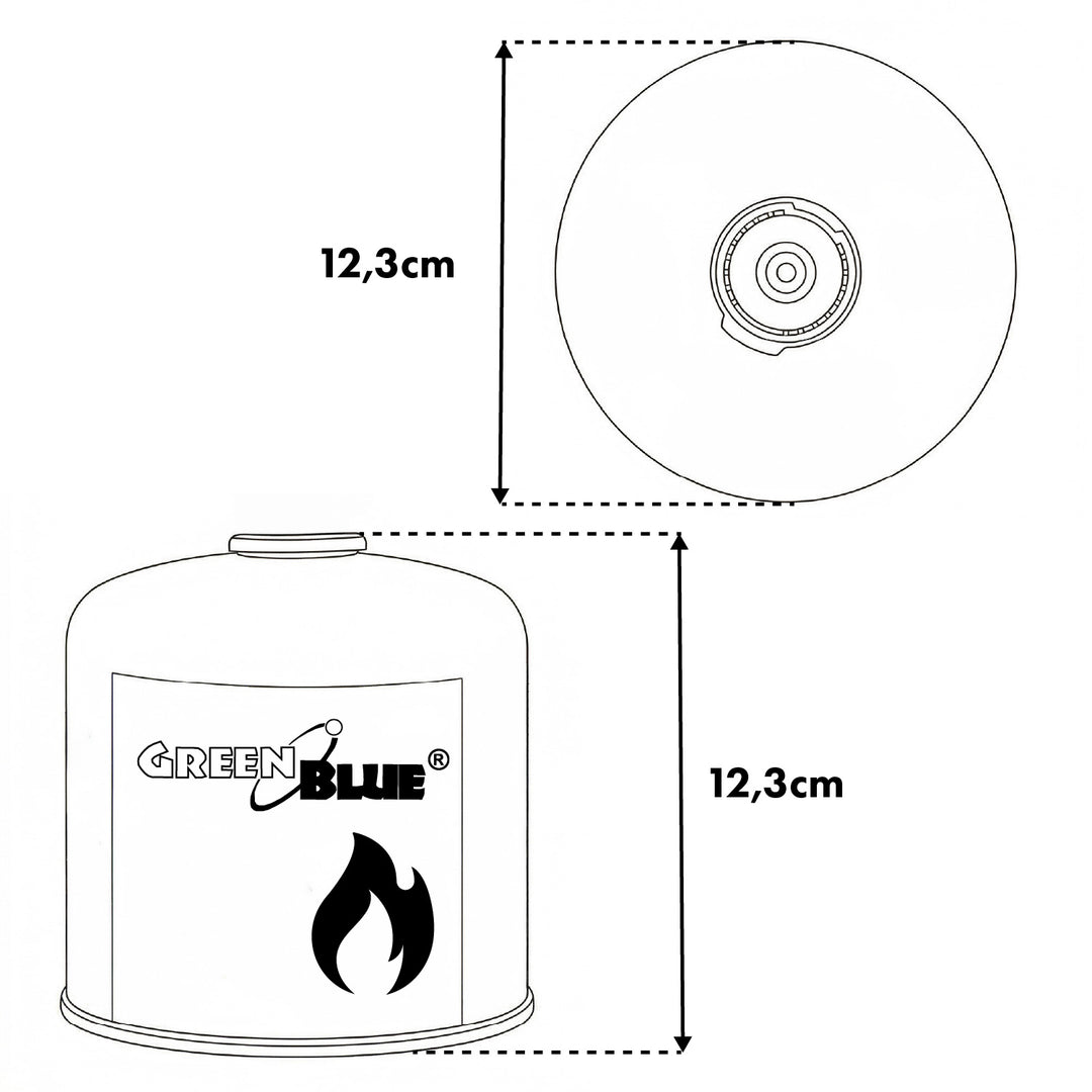 6 bombole di gas da 500 g GreenBlue. Certificato: Pi 0437, conforme alla norma EN 417, butano-propano, intervallo di temperatura da -10 °C a +40 °C, valvola filettata 7/16'' GB499