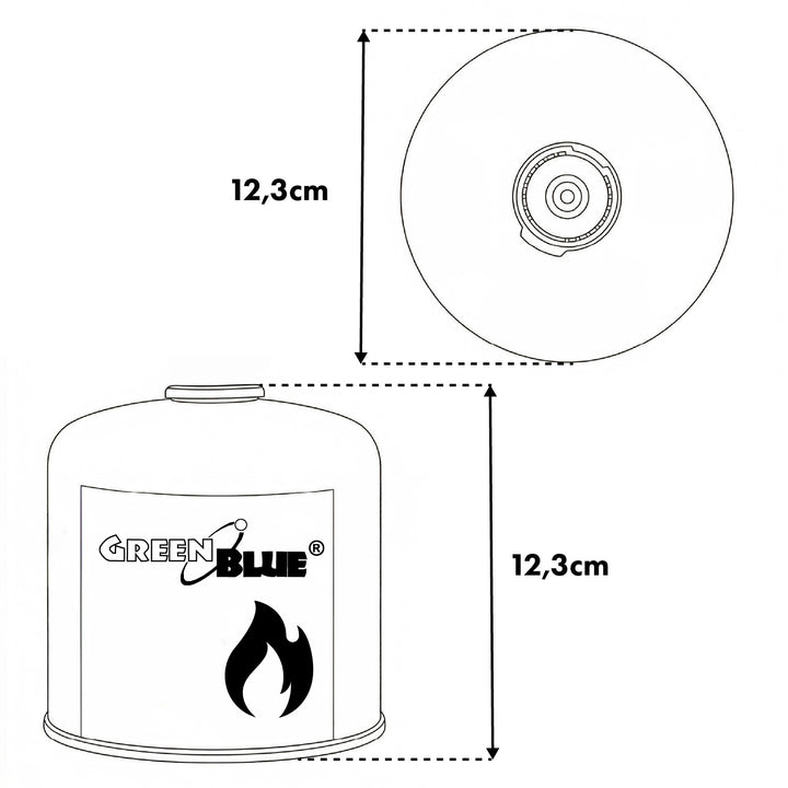 6 bombole di gas da 500 g GreenBlue. Certificato: Pi 0437, conforme alla norma EN 417, butano-propano, intervallo di temperatura da -10 °C a +40 °C, valvola filettata 7/16'' GB499