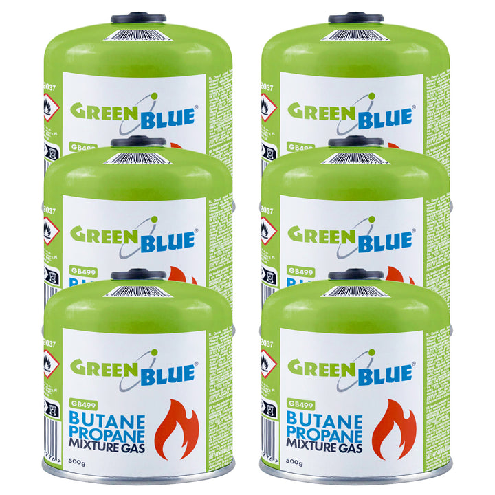 6 bombole di gas da 500 g GreenBlue. Certificato: Pi 0437, conforme alla norma EN 417, butano-propano, intervallo di temperatura da -10 °C a +40 °C, valvola filettata 7/16'' GB499