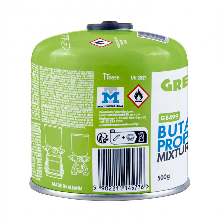 8 bombole di gas da 500 g GreenBlue. Certificato: Pi 0437, conforme alla norma EN 417, butano-propano, intervallo di temperatura da -10 °C a +40 °C, valvola filettata 7/16'' GB499