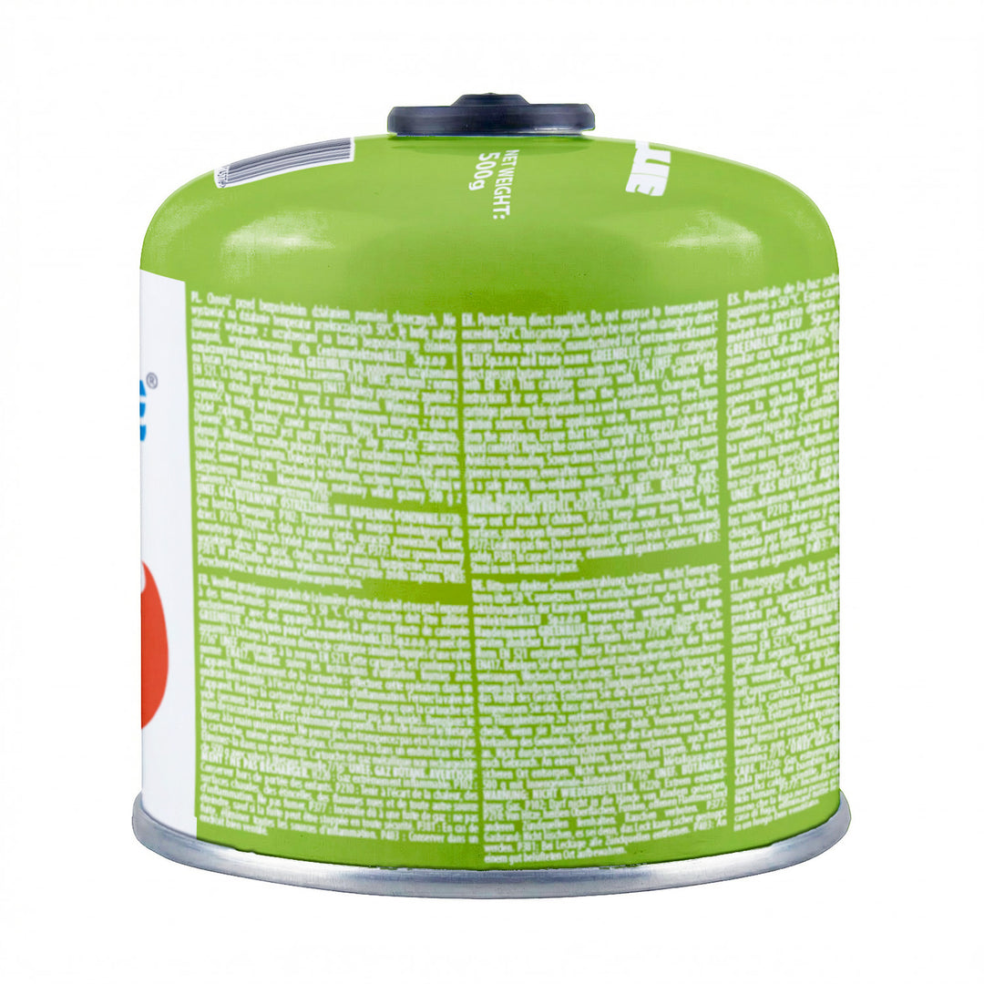 8 bombole di gas da 500 g GreenBlue. Certificato: Pi 0437, conforme alla norma EN 417, butano-propano, intervallo di temperatura da -10 °C a +40 °C, valvola filettata 7/16'' GB499