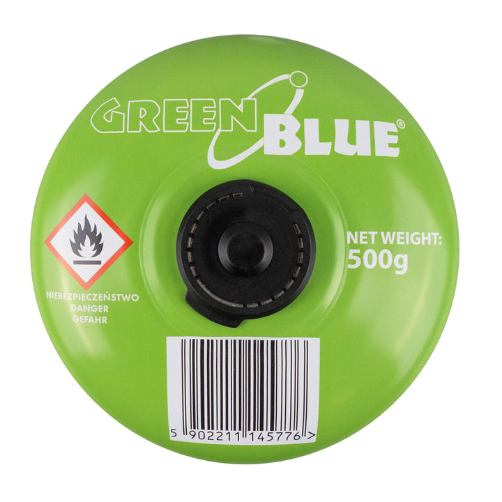 8 bombole di gas da 500 g GreenBlue. Certificato: Pi 0437, conforme alla norma EN 417, butano-propano, intervallo di temperatura da -10 °C a +40 °C, valvola filettata 7/16'' GB499