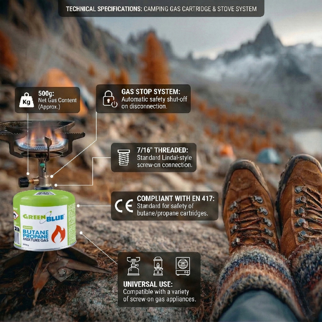 8 bombole di gas da 500 g GreenBlue. Certificato: Pi 0437, conforme alla norma EN 417, butano-propano, intervallo di temperatura da -10 °C a +40 °C, valvola filettata 7/16'' GB499