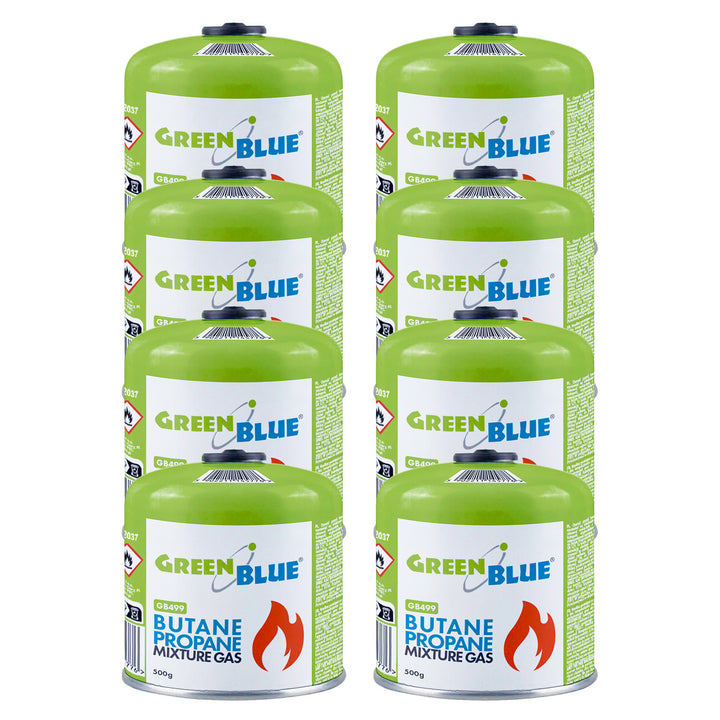 8 bombole di gas da 500 g GreenBlue. Certificato: Pi 0437, conforme alla norma EN 417, butano-propano, intervallo di temperatura da -10 °C a +40 °C, valvola filettata 7/16'' GB499