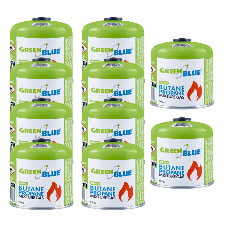 10 bombole di gas da 500 g GreenBlue. Certificato: Pi 0437, conforme alla norma EN 417, butano-propano, intervallo di temperatura da -10 °C a +40 °C, valvola filettata 7/16'' GB499