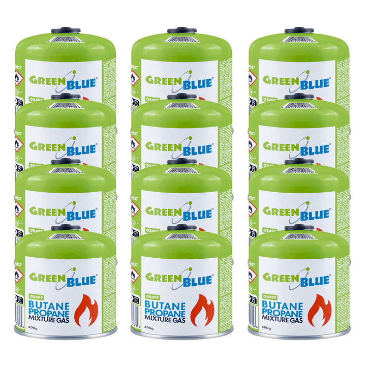 12 bombolette di gas da 500 g GreenBlue. Certificato: Pi 0437, conforme alla norma EN 417, butano-propano, intervallo di temperatura da -10 °C a +40 °C, valvola filettata 7/16'' GB499