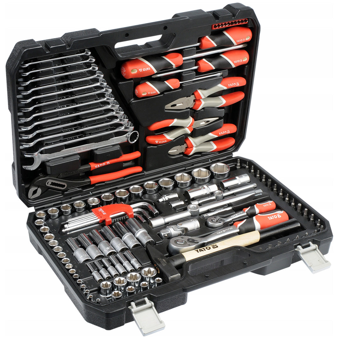 Set di utensili professionale Yato, 122 pezzi (chiavi a bussola, bussole, cacciaviti, martello), cacciaviti con punte magnetiche e temprate, YT-38901