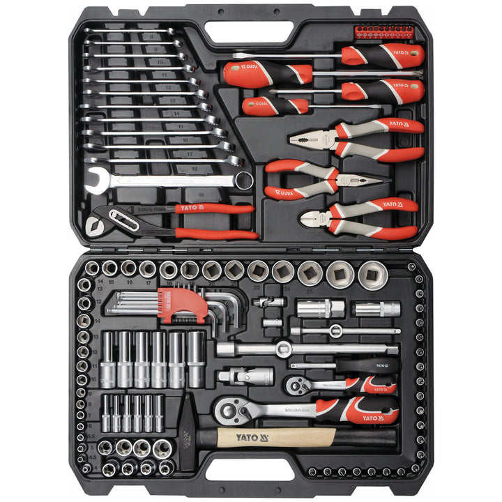 Set di utensili professionale Yato, 122 pezzi (chiavi a bussola, bussole, cacciaviti, martello), cacciaviti con punte magnetiche e temprate, YT-38901