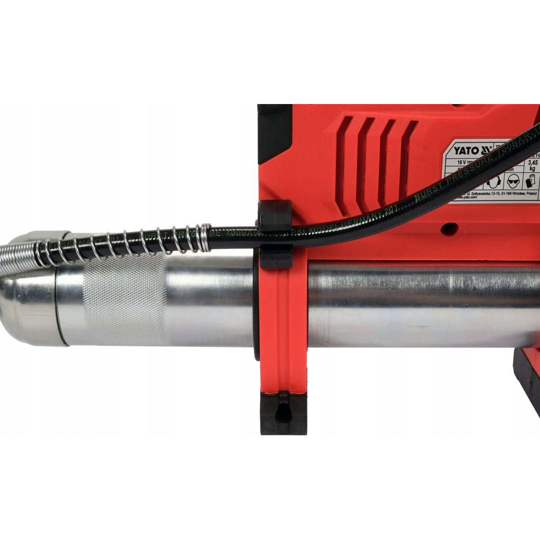 Lubrificatore a batteria Yato, con caricabatterie e batteria da 3 Ah inclusi, pressione 620 bar, illuminazione di lavoro a LED integrata, elevata potenza e portata di 284 g/min, YT-07020