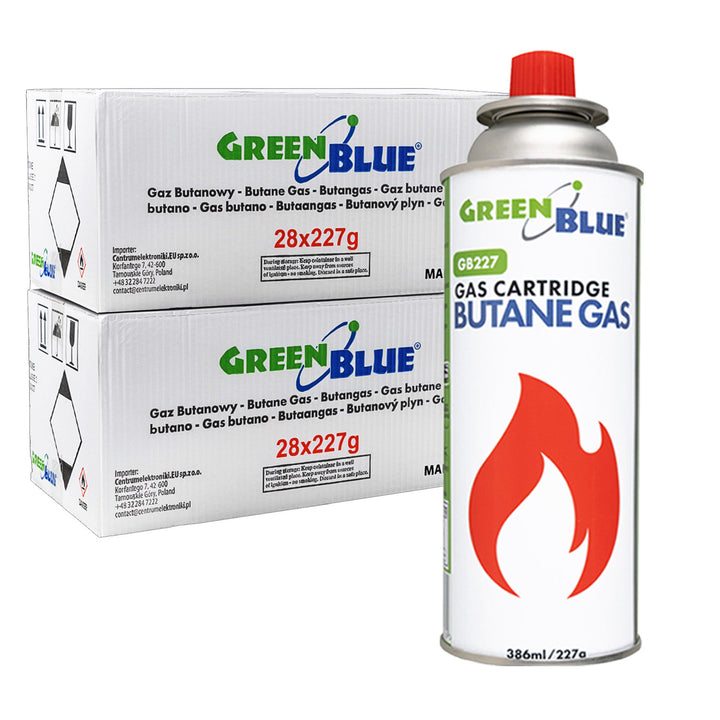 56 bombolette di gas da 227 g GreenBlue. Certificato: Pi 0875, conforme alla norma EN 417, butano, intervallo di funzionamento da -10 °C a +40 °C, GB227