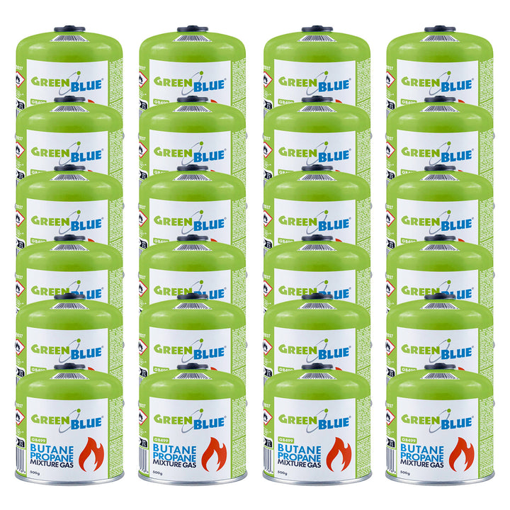 24 bombolette di gas da 500 g GreenBlue. Certificato: Pi 0437, conforme alla norma EN 417, butano-propano, intervallo di temperatura da -10 °C a +40 °C, valvola filettata 7/16'' GB499