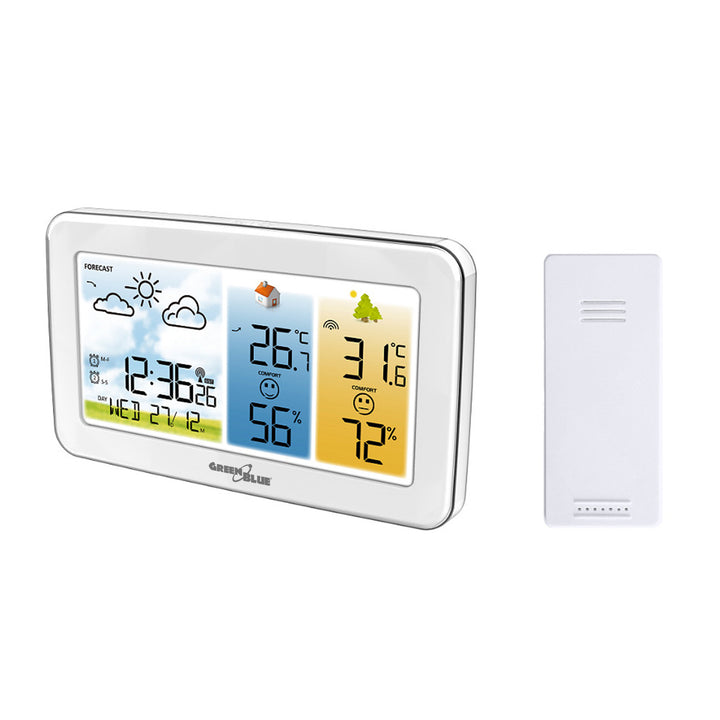 Stazione meteorologica wireless GreenBlue, temperatura e umidità IN/OUT, orologio/sveglia/data, °C / °F, portata fino a 60 m, GB442 W