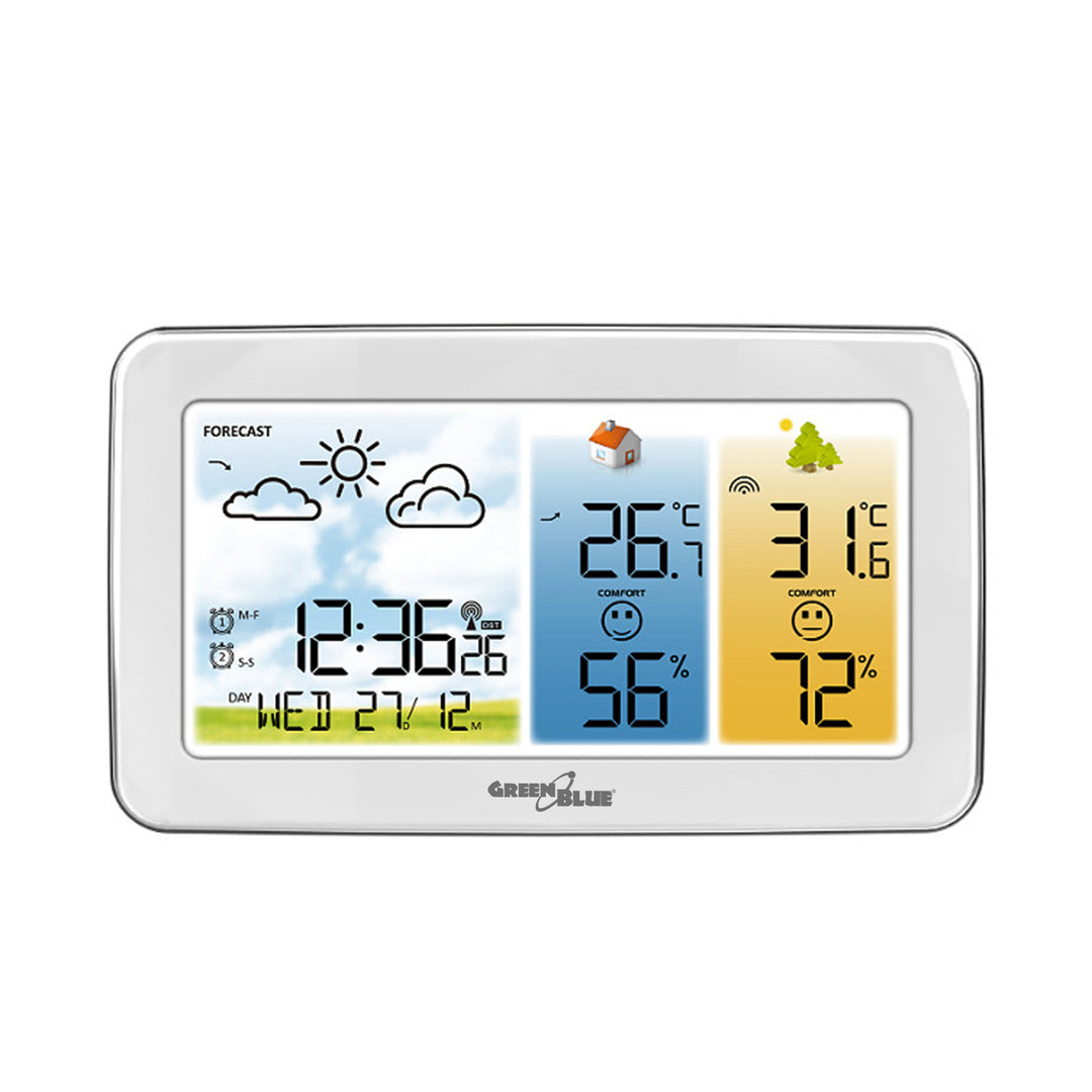 Stazione meteorologica wireless GreenBlue, temperatura e umidità IN/OUT, orologio/sveglia/data, °C / °F, portata fino a 60 m, GB442 W