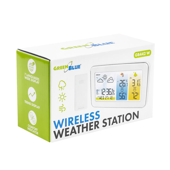 Stazione meteorologica wireless GreenBlue, temperatura e umidità IN/OUT, orologio/sveglia/data, °C / °F, portata fino a 60 m, GB442 W