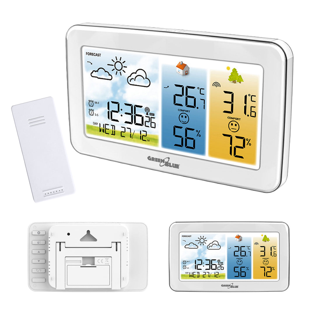 Stazione meteorologica wireless GreenBlue, temperatura e umidità IN/OUT, orologio/sveglia/data, °C / °F, portata fino a 60 m, GB442 W