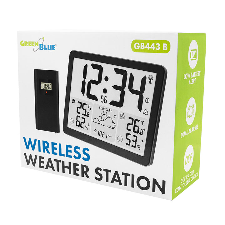 Stazione meteorologica wireless GreenBlue, temperatura e umidità IN/OUT, orologio/sveglia/data, °C / °F, portata fino a 60 m, GB443 B
