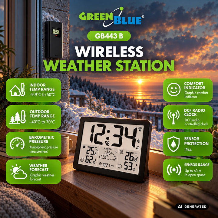 Stazione meteorologica wireless GreenBlue, temperatura e umidità IN/OUT, orologio/sveglia/data, °C / °F, portata fino a 60 m, GB443 B